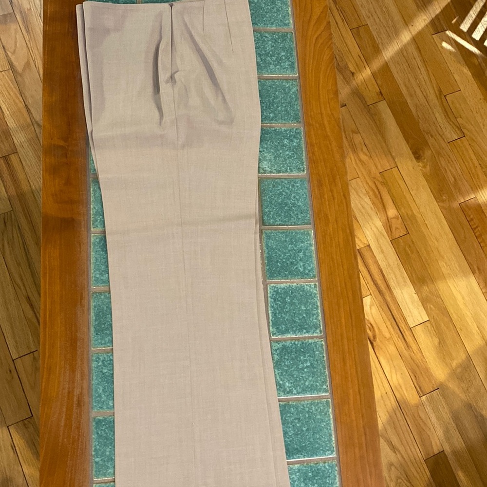 Beige virgin wool dress pants with straight full legs, side zipper, flat front